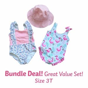 Toddler Girls Swimwear Bundle Size 3T – 2 Cute One-Piece Swimsuits + Sun Hat